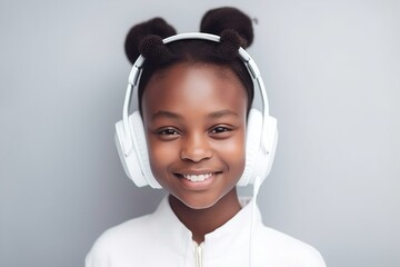 African American child girl hair in white ,wearing big headphones listening to music and smiling generative ai