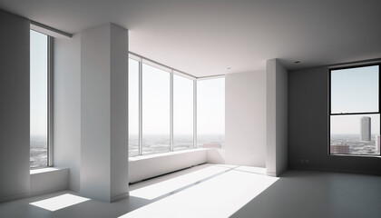 Fototapeta premium Minimalist High Rise Building, A view of the interior of a minimalist high rise apartment Generative AI