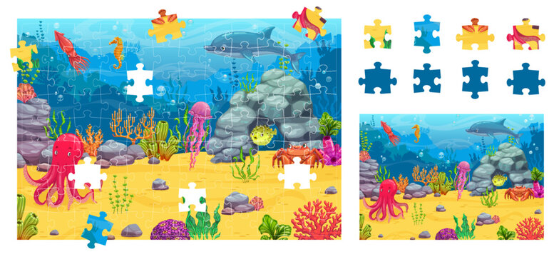 Jigsaw puzzle game pieces, underwater landscape. Vector octopus, jellyfish, crab, dolphin and squid, sea horse, puffer fish and crab at seafloor with reefs. Cognitive quiz for development of attention