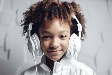 African American child girl hair in white ,wearing big headphones listening to music and smiling generative ai - obrazy, fototapety, plakaty