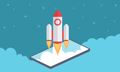 Start up banner with laptop, rocket, clouds Vector illustration, Successful launch of startup