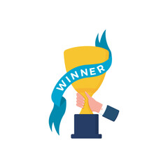 successful businessman holding golden cup award in hand, leadership idea, first place prize victory, competition winner, Business goal achievement vector concep