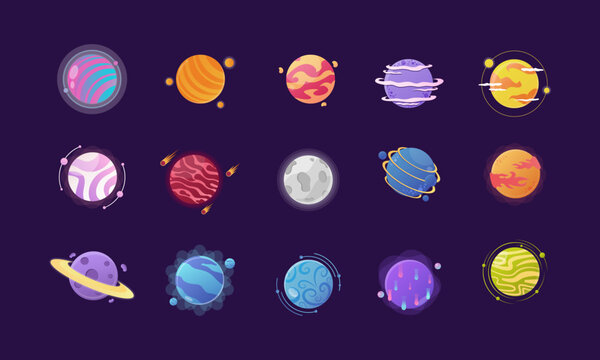 set of cartoon planets. colorful Planet Icon. Space background. Fantasy planets