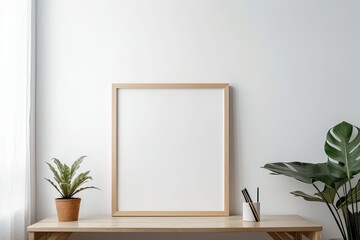 Isolated on a white wall is a wooden frame with a blank white background. Concept mockup. Generative AI