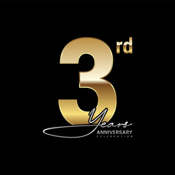 3 year anniversary. Luxury logo with golden number. Handwritten text style. Logo Vector Template