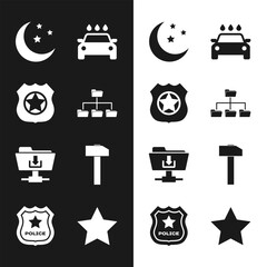 Set Folder tree, Police badge, Moon and stars, Car wash, FTP folder download and Hammer icon. Vector