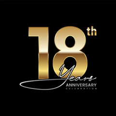 18 year anniversary. Luxury logo with golden number. Handwritten text style. Logo Vector Template