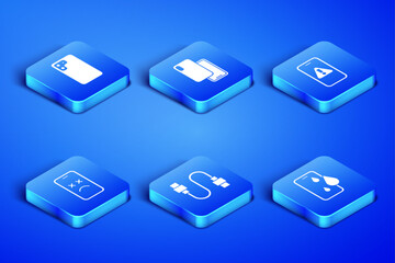 Set Waterproof phone, Smartphone, USB cable cord, Dead mobile, and Mobile with exclamation mark icon. Vector