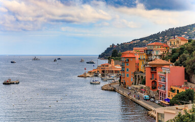 Fototapeta premium An aerial panoramic view of Villefranche sur Mer medieval town, South of France