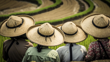 Rice paddies, A close-up view of a group of farmers working in the rice paddies Generative AI