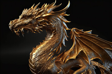 dragon gold statue on the dark background, generative AI