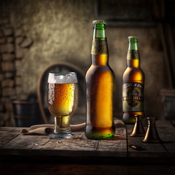 Glass and bottle of beer with wheat ears on wooden planks AND GRUNGE WALL