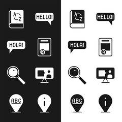Set Exam sheet with A plus grade, Hola in different languages, Translator book, Hello, Magnifying glass, Foreign online study, Information and Alphabet icon. Vector © vector_v