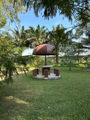 An umbrella shaped gazebo inside of a park, with beautiful wooden sitting arrangements, dense green...