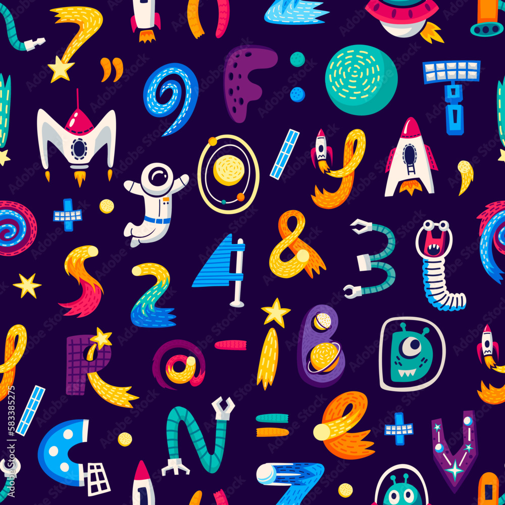 Poster Kids space cartoon letters and numbers seamless pattern. Vector background with abc characters in cosmic style. Creative ornament for kids wallpaper, textile or wrapping paper. Tiled repeated backdrop