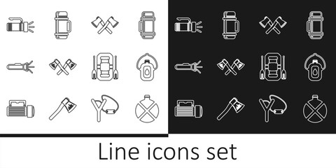 Set line Canteen water bottle, Crossed wooden axe, Flashlight, Rafting boat and Thermos container icon. Vector