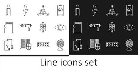 Set line Earth globe, Eye, Isometric cube, Hair dryer, Micro SD memory card, Bullet, Wheat and Lightning bolt icon. Vector