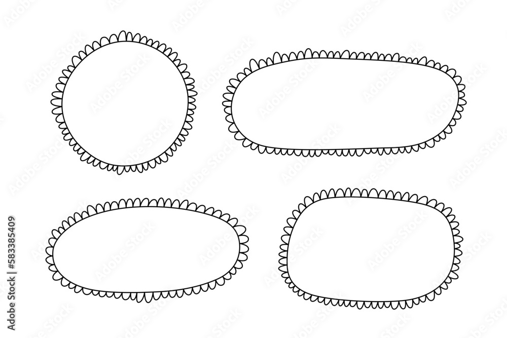 Poster doodle circle and square scalloped frames. hand drawn scalloped edge rectangle and ellipse shapes. s