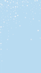 Falling snowflakes christmas background. Subtle flying snow flakes and stars on light blue winter backdrop. Beautifully falling snowflakes overlay. Vertical vector illustration.