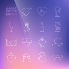 Set line Smiling lips, Heart hand, Mobile with heart, Healed broken, shape light bulb, Wine glass, Calendar and Burning candle icon. Vector