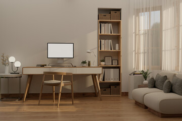 Beautiful Scandinavian home living room with workspace interior design, computer mockup