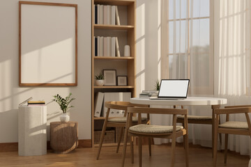Beautiful cozy Scandinavian home workspace interior design with laptop mockup on table
