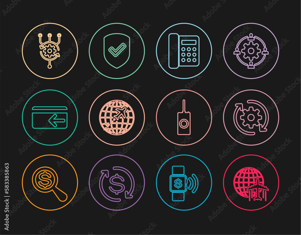Poster set line globe with flying plane, gear and arrows as workflow, telephone, cash back, algorithm, remo