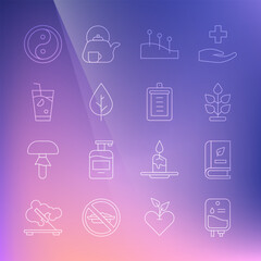Set line IV bag, Medical book, Plant, Acupuncture therapy, Leaf, Fresh smoothie, Yin Yang and Clipboard with checklist icon. Vector