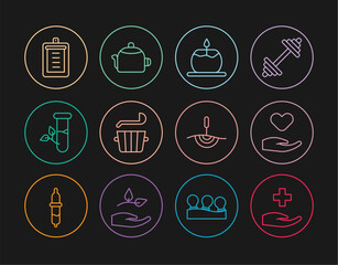 Set line Cross hospital medical, Heart in hand, Aroma candle, Sauna bucket ladle, Laboratory glass leaves, Clipboard with checklist, Acupuncture therapy and Kettle handle icon. Vector