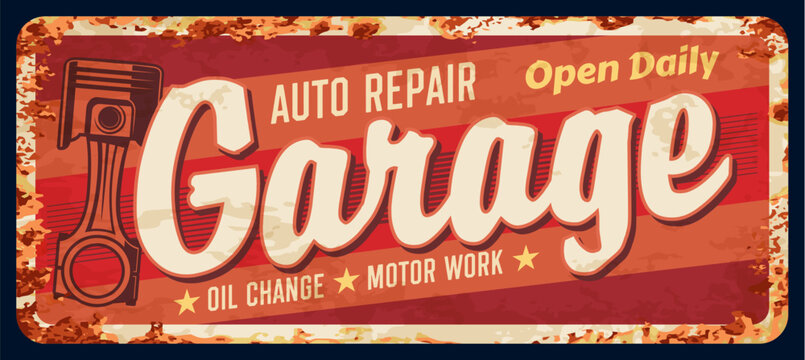 Vintage car repair service rusty plate. Auto spare parts store, car repair or restoration service, maintenance garage station vector plate. Automobile mechanic workshop tin sign with engine piston
