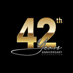42 year anniversary. Luxury logo with golden number. Handwritten text style. Logo Vector Template