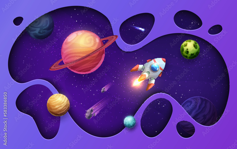 Poster cartoon paper cut space landscape and rocket, vector papercut art galaxy background. spaceship shutt