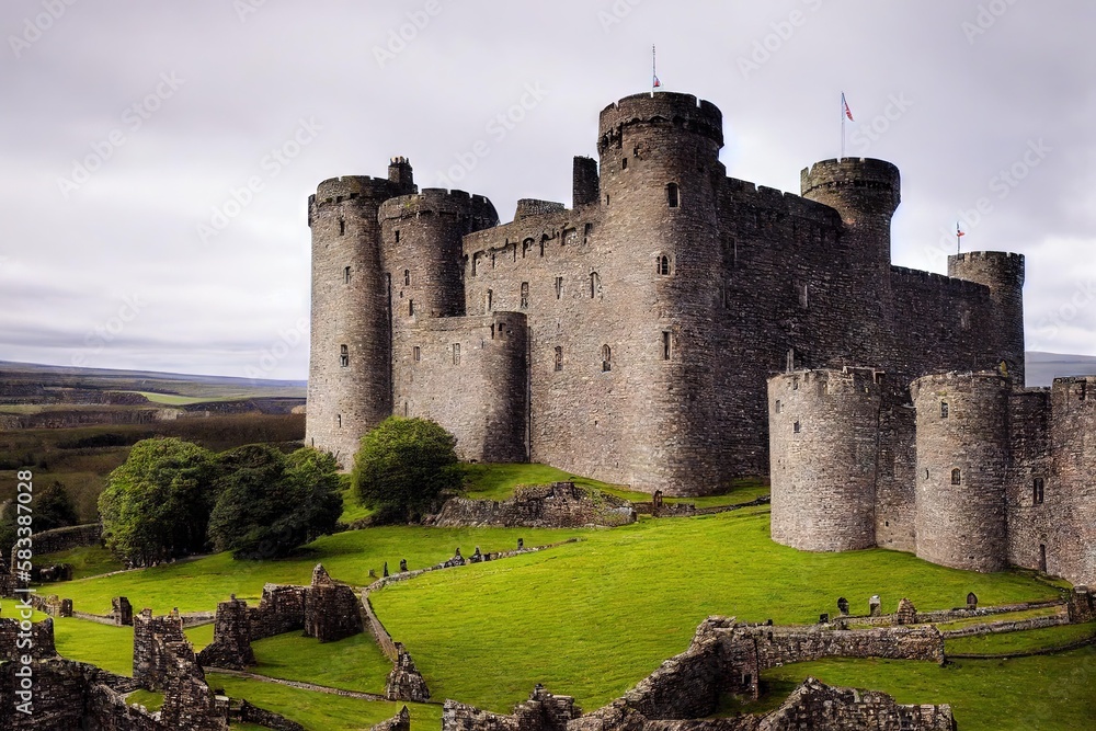 Wall mural Old stone castle or fortress on hill and beautiful nature view background digital illustration., created with generative ai