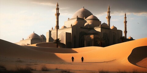 Picture of a magnificent and dashing mosque standing in the middle of the desert.