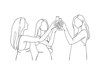 Continuous one line drawing of people cheering glasses of wine. Vector illustration.