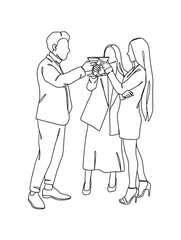 Continuous one line drawing of people cheering glasses of wine. Vector illustration.
