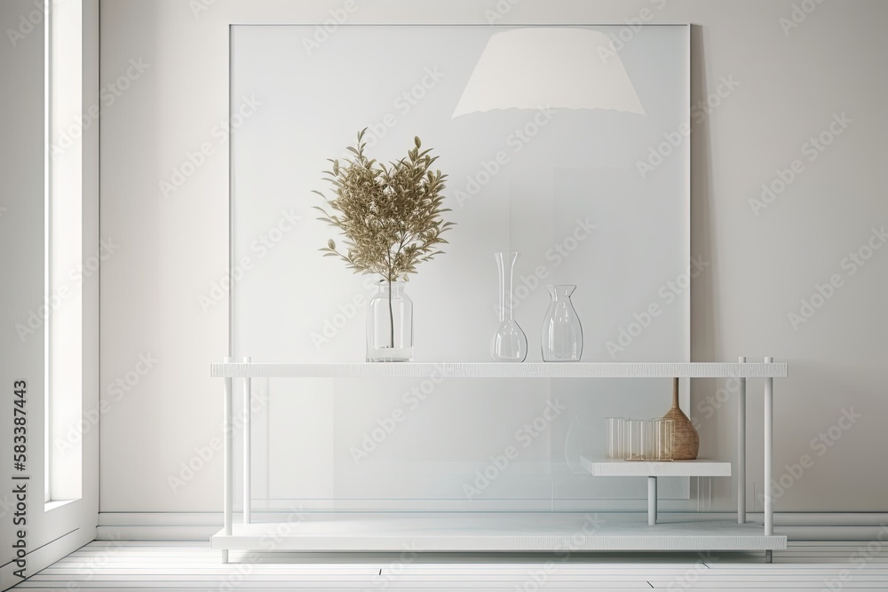 Poster front view of a white table showcase with an empty shelf on it, lit by a window from the outside. ba