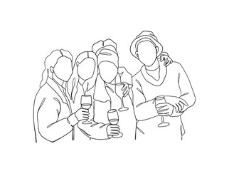 Continuous one line drawing of people cheering glasses of wine. Vector illustration.