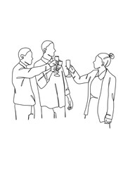 Continuous one line drawing of people cheering glasses of wine. Vector illustration.