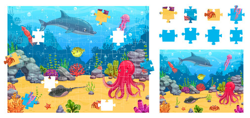 Fototapeta na wymiar Jigsaw puzzle game pieces, underwater landscape, vector cartoon undersea background. Puzzle grid with sea fish and ocean animals, dolphin and octopus, crab and jelly fish, coral reef jigsaw pieces