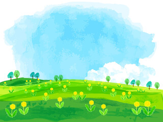 水彩のタンポポの咲く草原と青空のフレーム