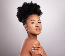 Skincare, Africa and portrait black woman with confidence, white background and cosmetics. Health,...