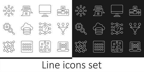 Set line Neural network, Funnel filter, Computer monitor, Cloud database, Processor CPU, and Chat bot icon. Vector