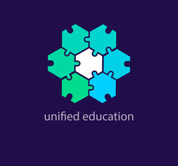 Unique pentagon puzzle education logo. Modern design color transition. Connected education logo template. vector.