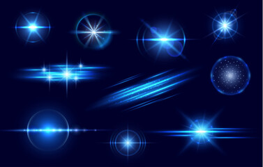 Obraz na płótnie Canvas Blue light flare and flash effect. Vector star glow, shiny glare, bright twinkle or explosion effect with radiant beams. Sparkles and magic flare, glitter and fireworks isolated realistic 3d set