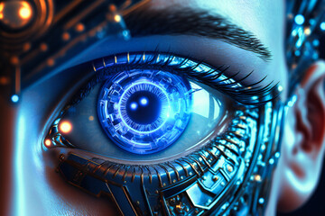 A futuristic man with a radiant blue cyber technology eye panel embodies the integration of advanced human-machine interfaces