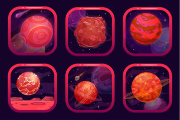 Space game app icons with red planets. Videogame interface button, computer application vector GUI or cellphone app icon. Mobile game UI with fantastic space galaxy red planets, stars in outerspace