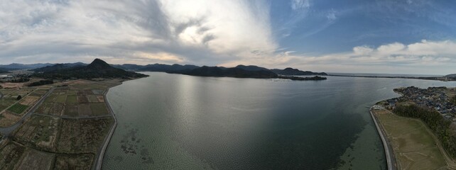 山陰海岸国立公園　久美浜湾の綺麗な夕景　ドローンパノラマ撮影