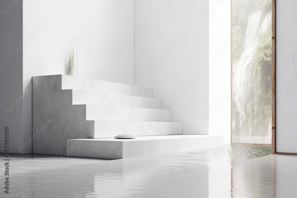 Poster White concrete wall and minimalist white podium with stone and water. Generative AI