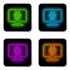 Glowing neon line Electric plug icon isolated on white background. Concept of connection and disconnection of the electricity. Black square button. Vector